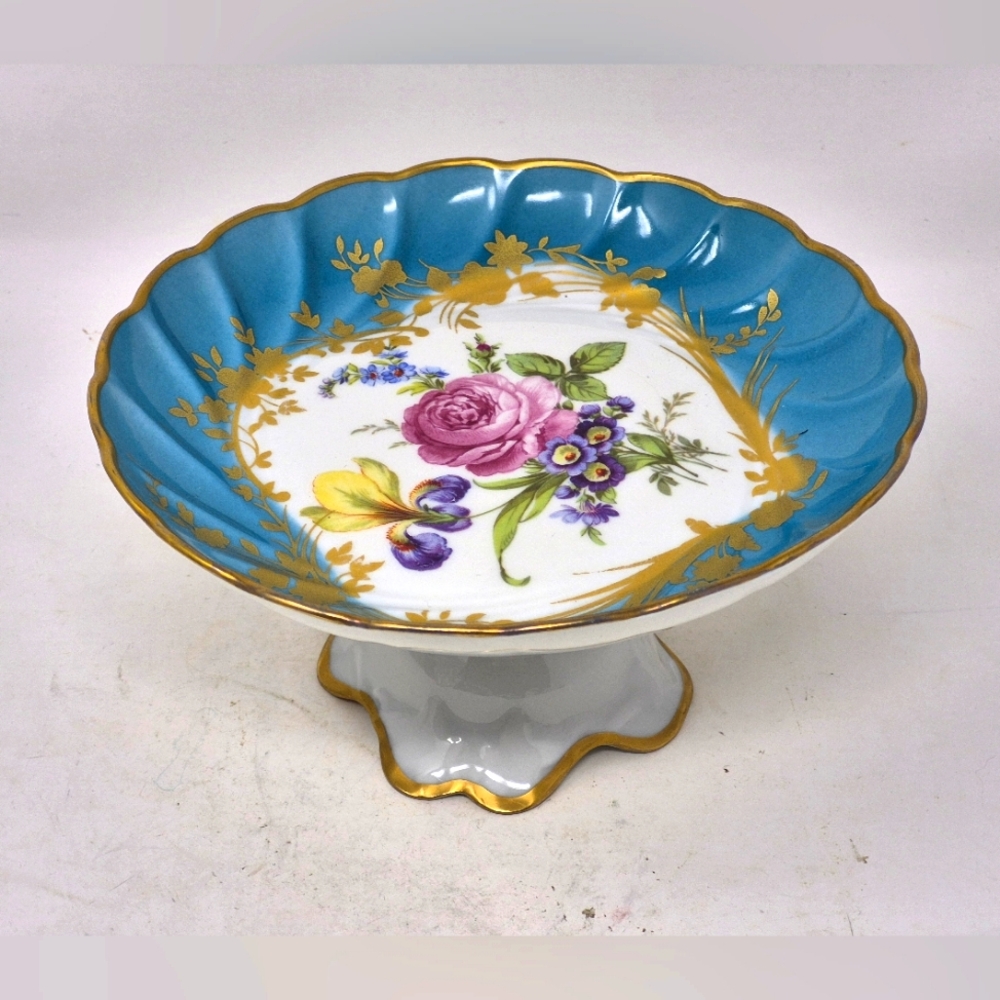 Vintage Limoges France Turquoise And Floral Pedistal Candy Dish With Gold Trim